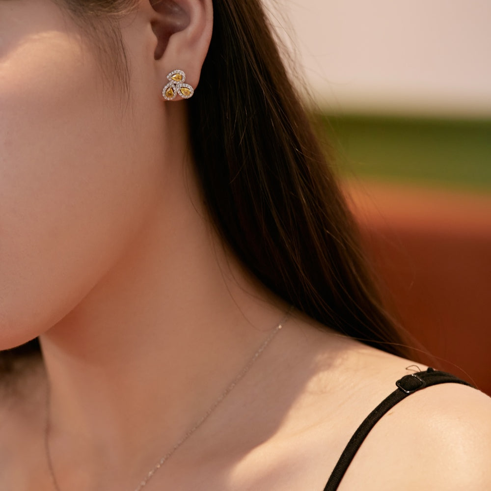 Women's Three‑Petal Flower Stud Earrings, Pear‑Shape Yellow Sapphire With Zirconia Halo, S925 with White Gold Plating