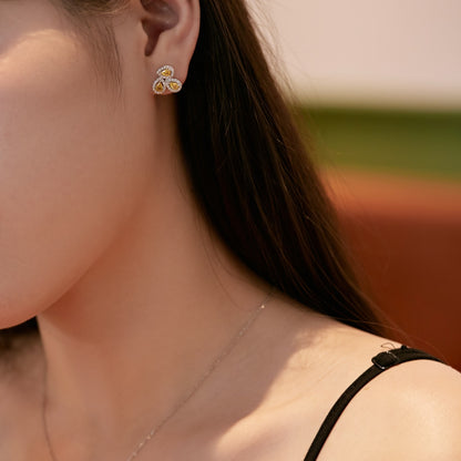 Women's Three‑Petal Flower Stud Earrings, Pear‑Shape Yellow Sapphire With Zirconia Halo, S925 with White Gold Plating