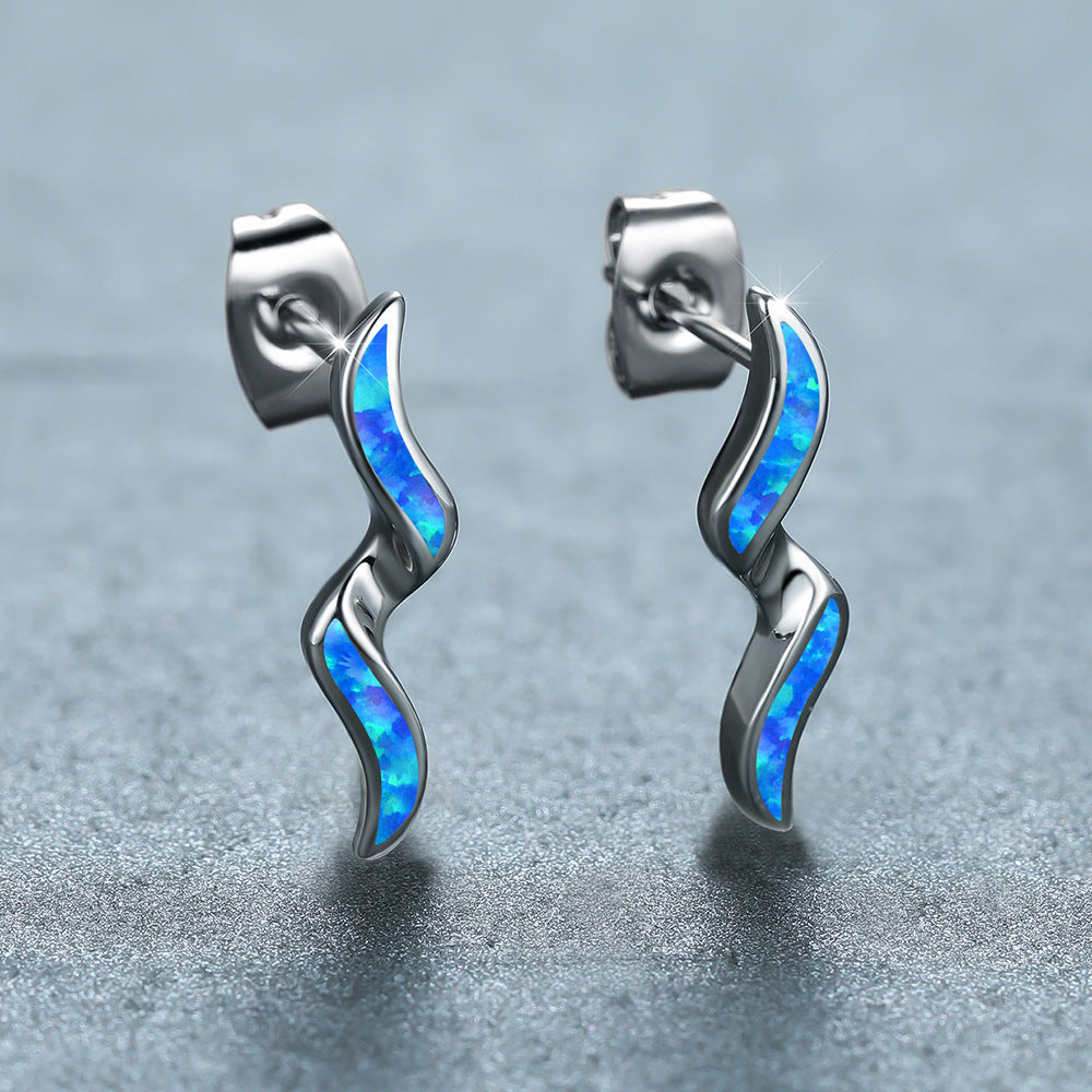 Women's Wavy Curve Inlaid Opal Drop Stud Earrings