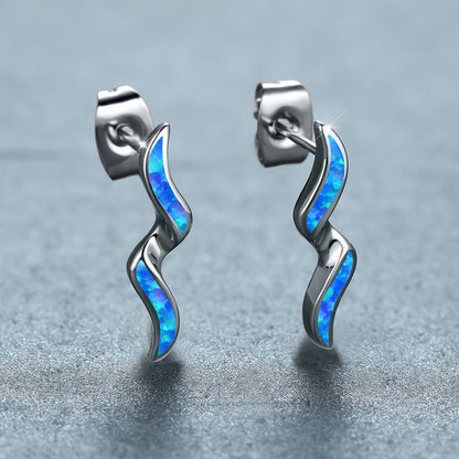 Women's Wavy Curve Inlaid Opal Drop Stud Earrings
