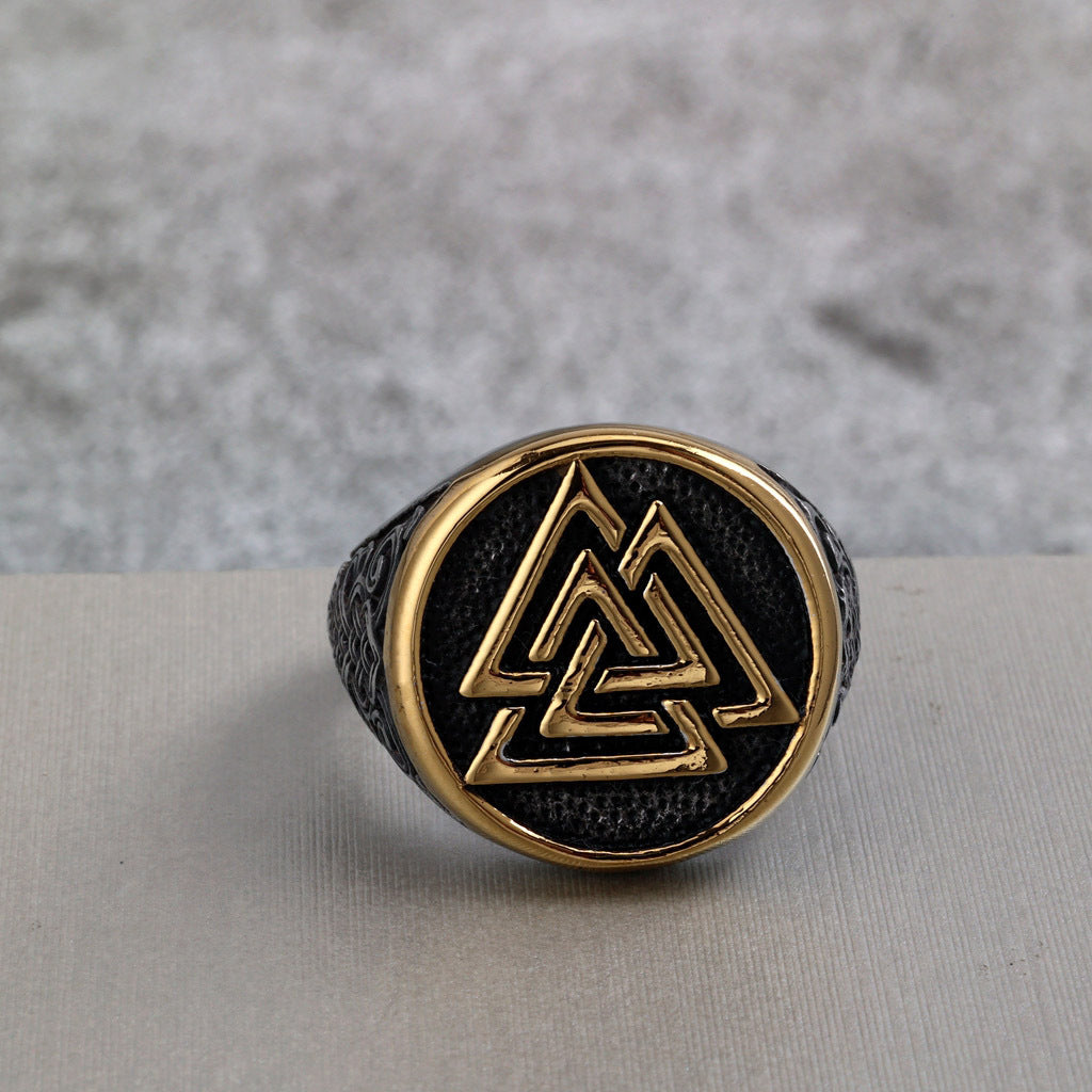 Vintage Stainless Steel Round Viking Triangle Symbol Engraved Ring for Men