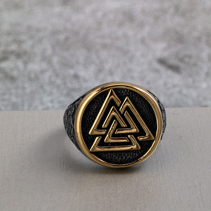 Vintage Stainless Steel Round Viking Triangle Symbol Engraved Ring for Men