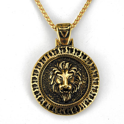 Men's Steel Lion Head Round Pendant Necklace