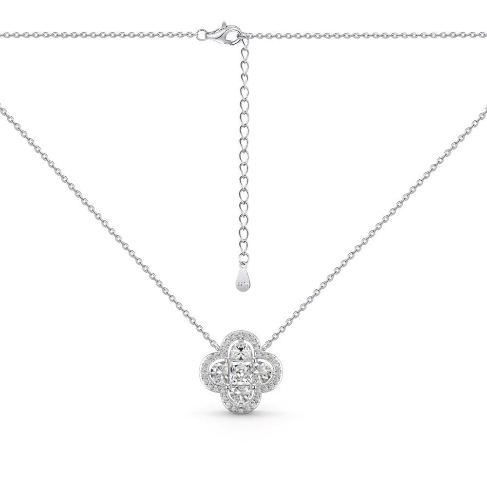 Women's Lucky Clover Pendant Necklace, D‑Shape Square & Round Zirconia Sparkling Charm, S925 with White Gold Plating