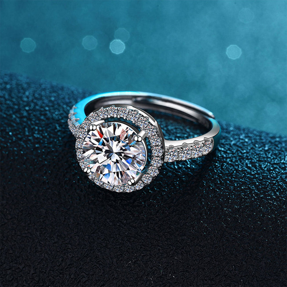 Women's White Gold Full Stones Moissanite Halo Adjustable Ring