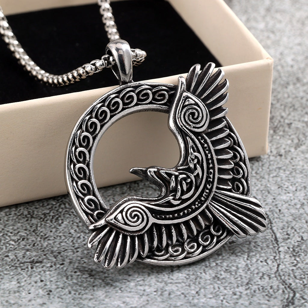 Vintage Stainless Steel Men's Single Sided Viking Raven Round Pendant Necklace