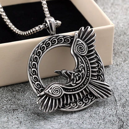 Vintage Stainless Steel Men's Single Sided Viking Raven Round Pendant Necklace