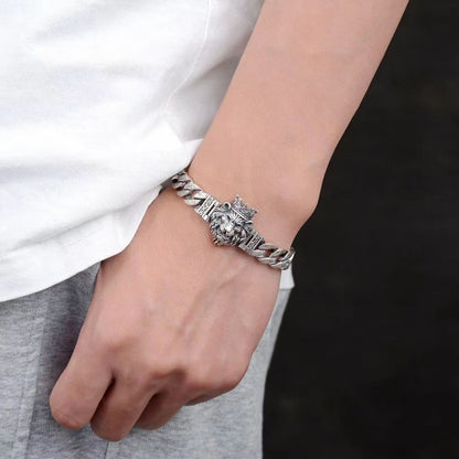 Men's Vintage Crown Lion Head Engraved Curb Bracelet