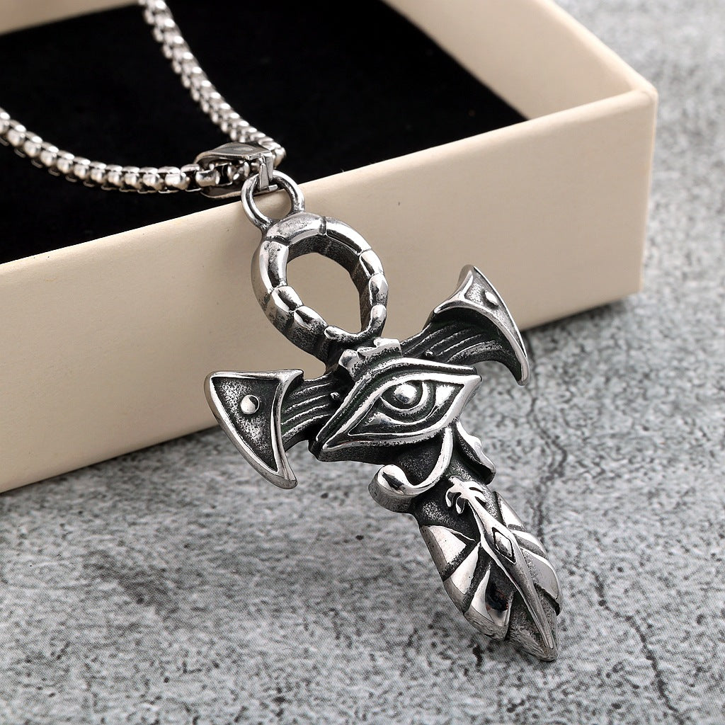 Vintage Stainless Steel Ancient Egyptian Ankh Cross Pendant Necklace for Men