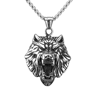 Men's Steel 3D Roaring Wolf Head Pendant Necklace