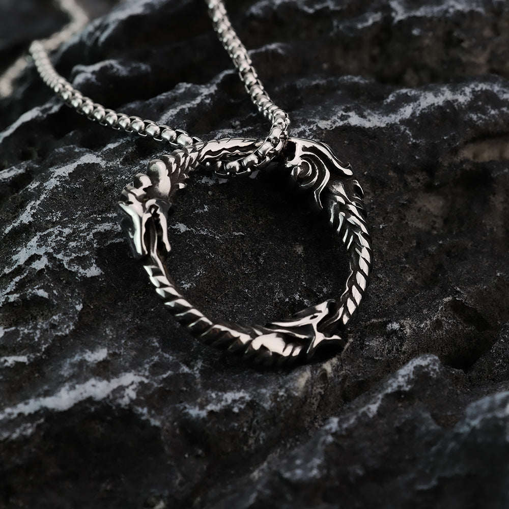 Men's Steel Ouroboros Dragon Ring Shape Pendant Necklace