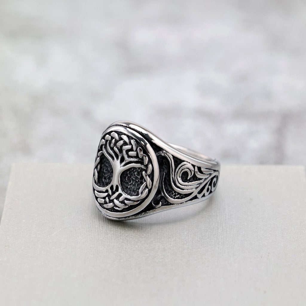 Vintage Solid Stainless Steel 3D Carved Viking Tree of Life Round Ring for Men