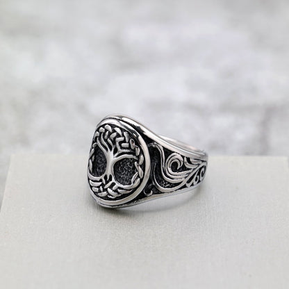 Vintage Solid Stainless Steel 3D Carved Viking Tree of Life Round Ring for Men