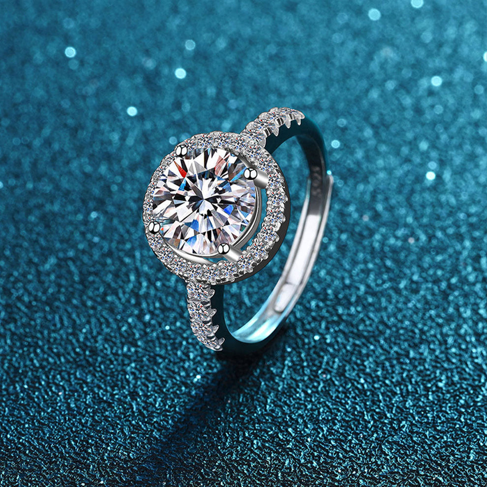Women's White Gold Full Stones Moissanite Halo Adjustable Ring