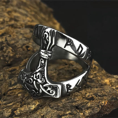 Vintage Nordic Stainless Steel Viking Rune Hammer Ring for Men