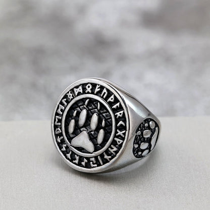 Vintage Stainless Steel Viking Rune Bear Paw Round Signet Ring for Men