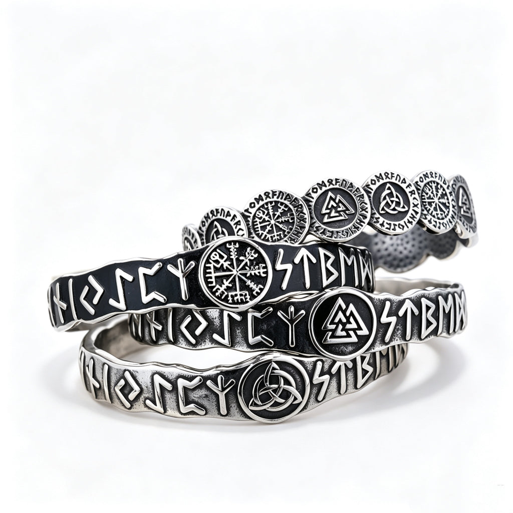 Nordic Pirate Retro Viking Rune Symbols Open C Bracelet for Men, Vintage Stainless Steel Cuff Bangle