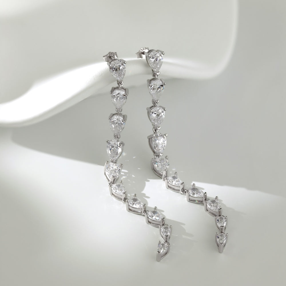 Women's Long Tassel Drop Earrings, Graduated Pear‑Shape Zirconia, S925 with White Gold Plating