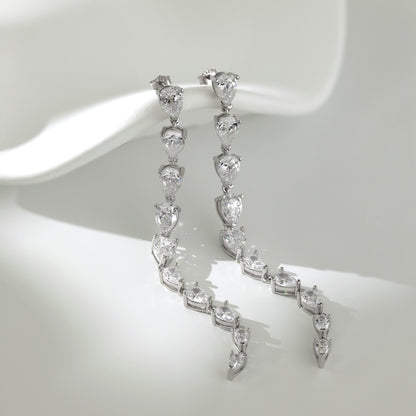 Women's Long Tassel Drop Earrings, Graduated Pear‑Shape Zirconia, S925 with White Gold Plating