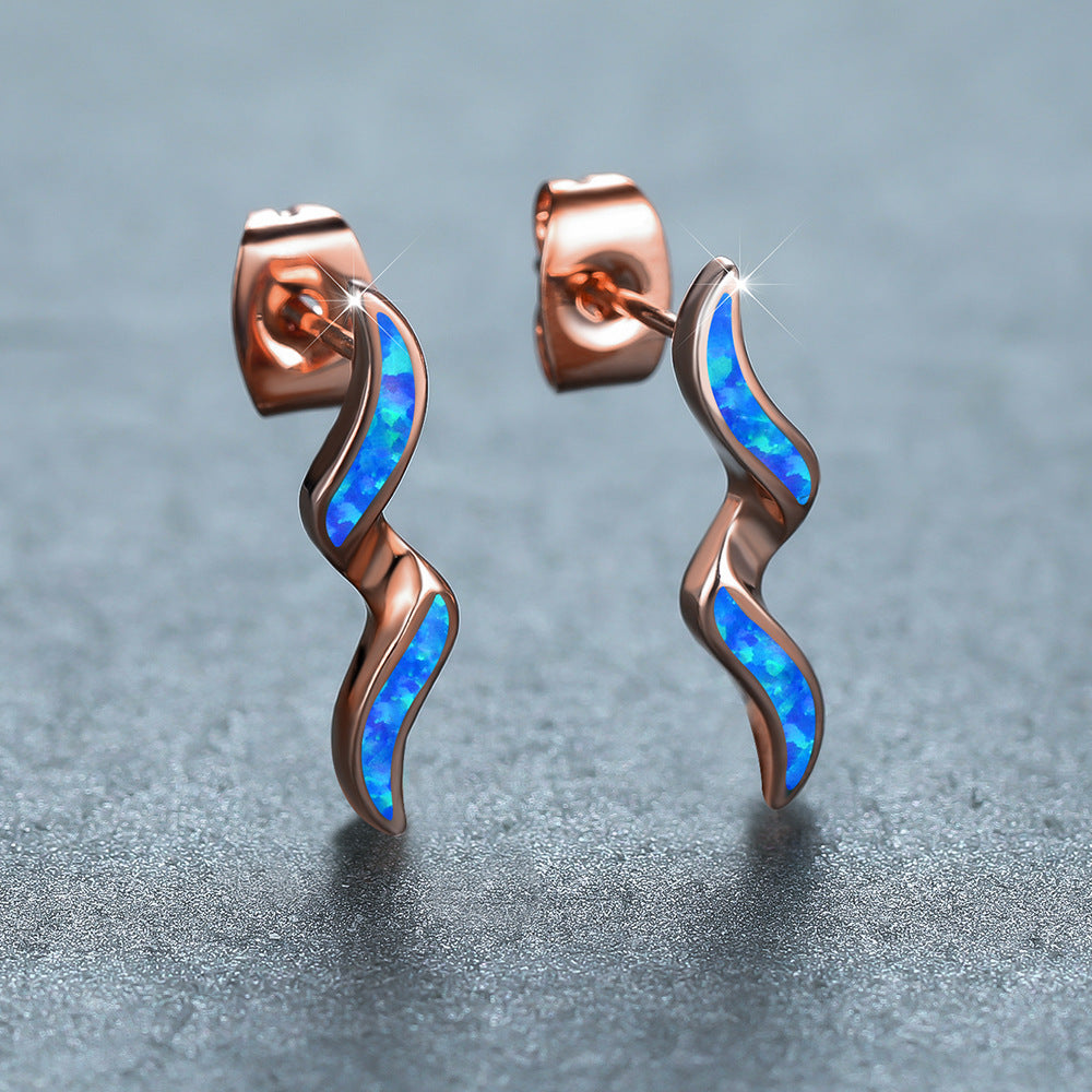 Women's Wavy Curve Inlaid Opal Drop Stud Earrings