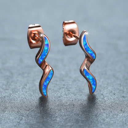 Women's Wavy Curve Inlaid Opal Drop Stud Earrings