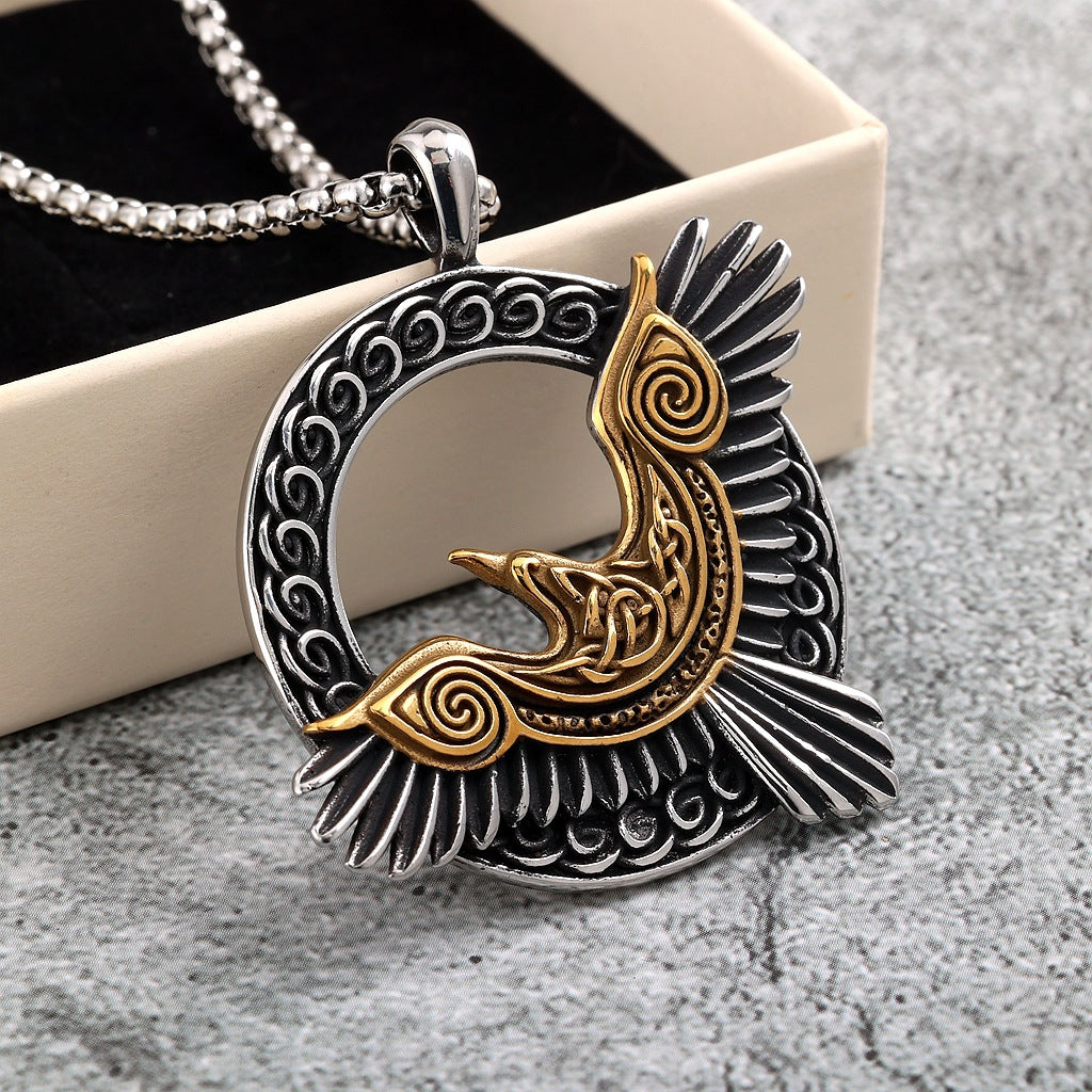 Vintage Stainless Steel Men's Single Sided Viking Raven Round Pendant Necklace