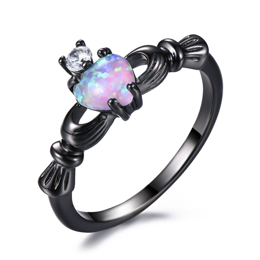 Women's Black Plated Heart Shape Multi Opal With Zirconia ring