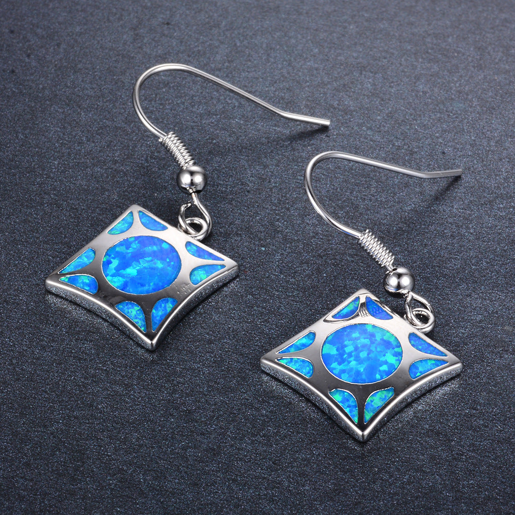 Women's Square Hollow Pattern Dangle Earrings, Inlaid Round Blue Opal / White Opal, White Gold Plating