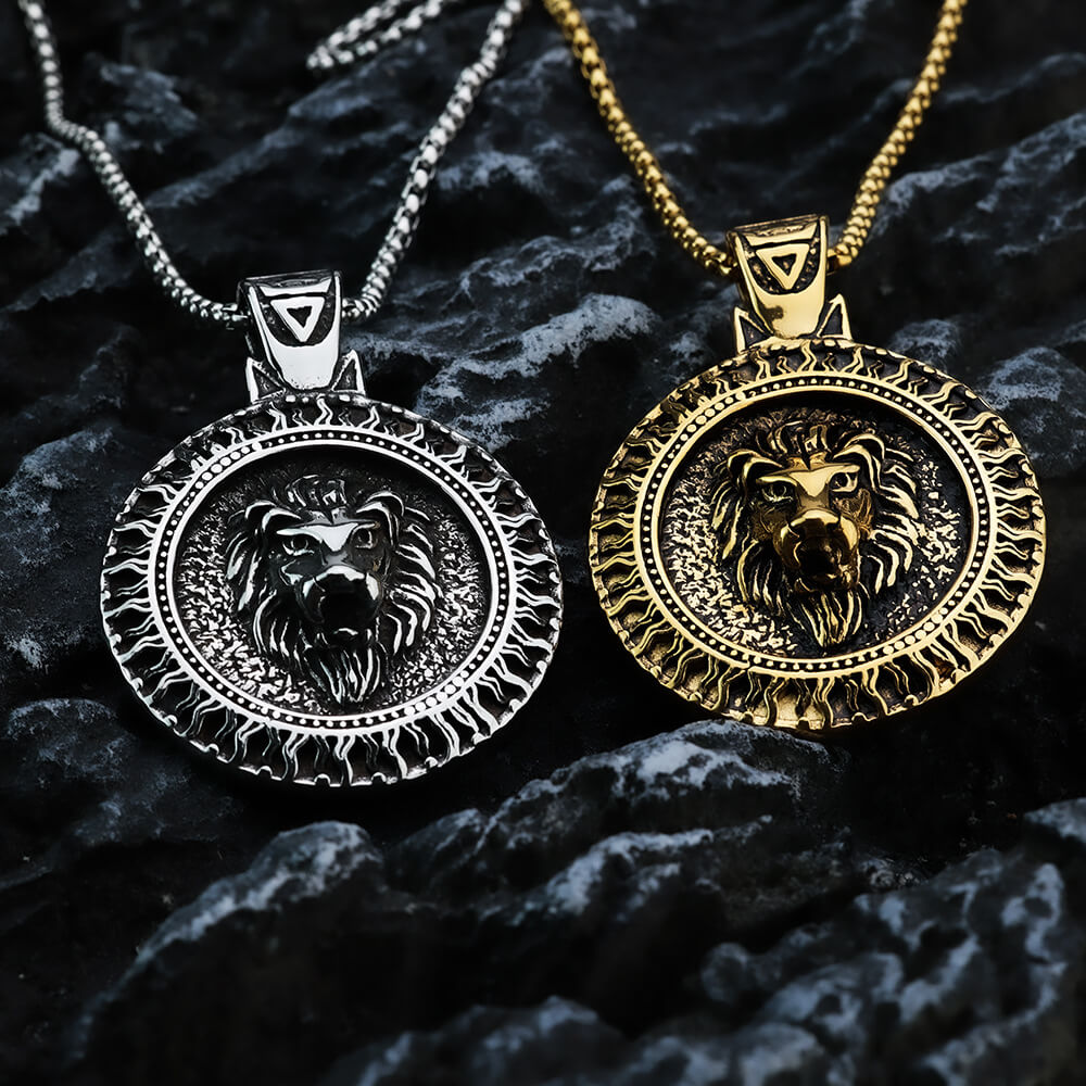 Men's Steel Lion Head Round Pendant Necklace