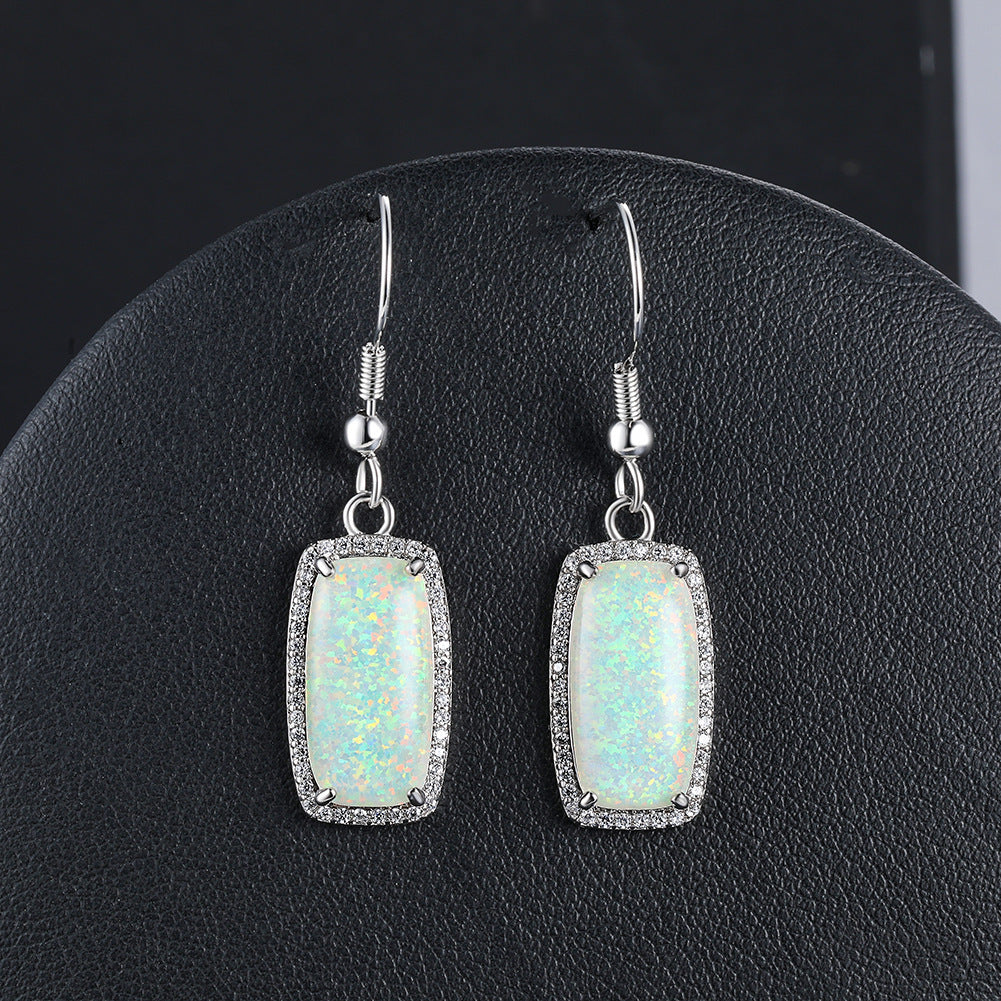 Women's Rectangle Halo Zirconia Dangle Earrings With White Opal, White Gold Plating