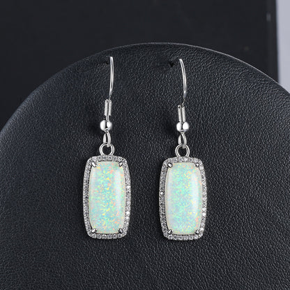 Women's Rectangle Halo Zirconia Dangle Earrings With White Opal, White Gold Plating