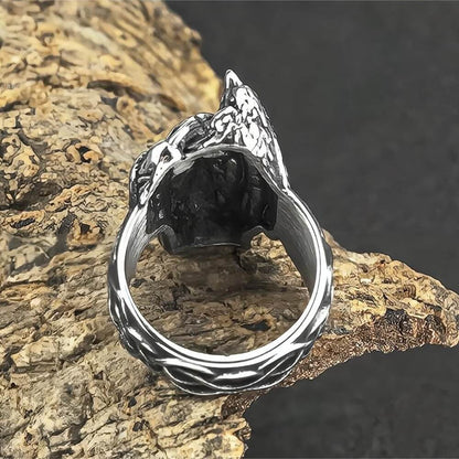 Vintage Antique Finish Stainless Steel Punk Viking Raven Head Ring for Men