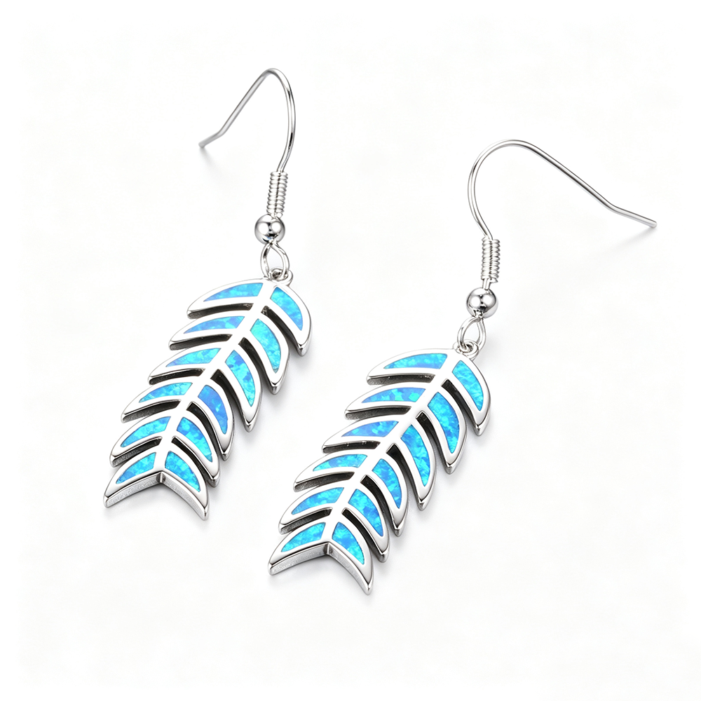 Women's Leaf‑Shape Hook Dangle Earrings, White Opal / Blue Opal Inlay, with White Gold Plating