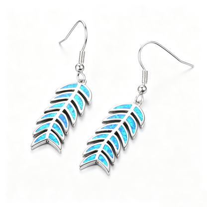Women's Leaf‑Shape Hook Dangle Earrings, White Opal / Blue Opal Inlay, with White Gold Plating