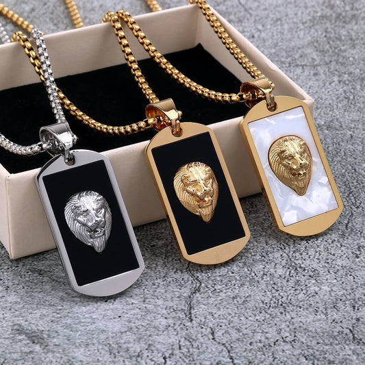 Vintage Stainless Steel Lion Dog Tag Pendant Necklace for Men