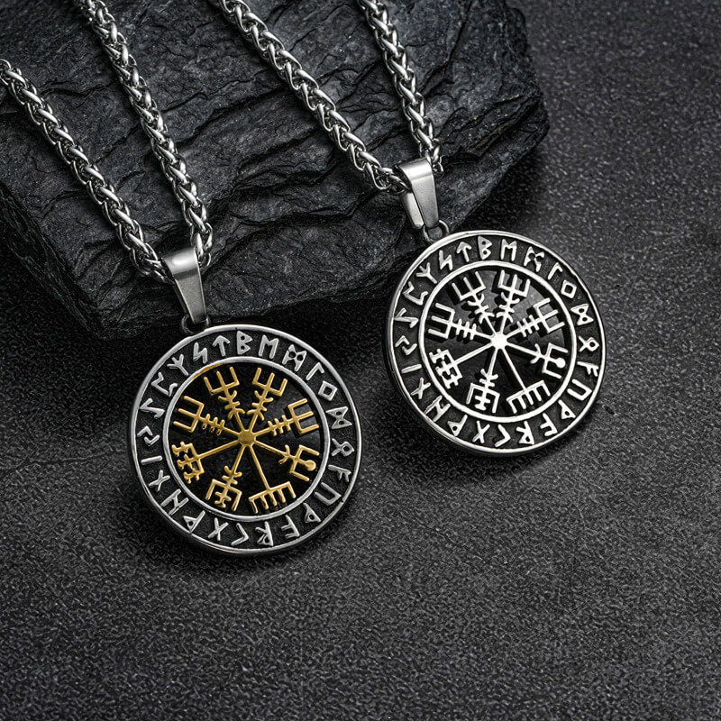 Vintage Stainless Steel Men's Viking Compass Double Sided Pendant Necklace