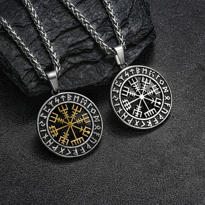 Vintage Stainless Steel Men's Viking Compass Double Sided Pendant Necklace