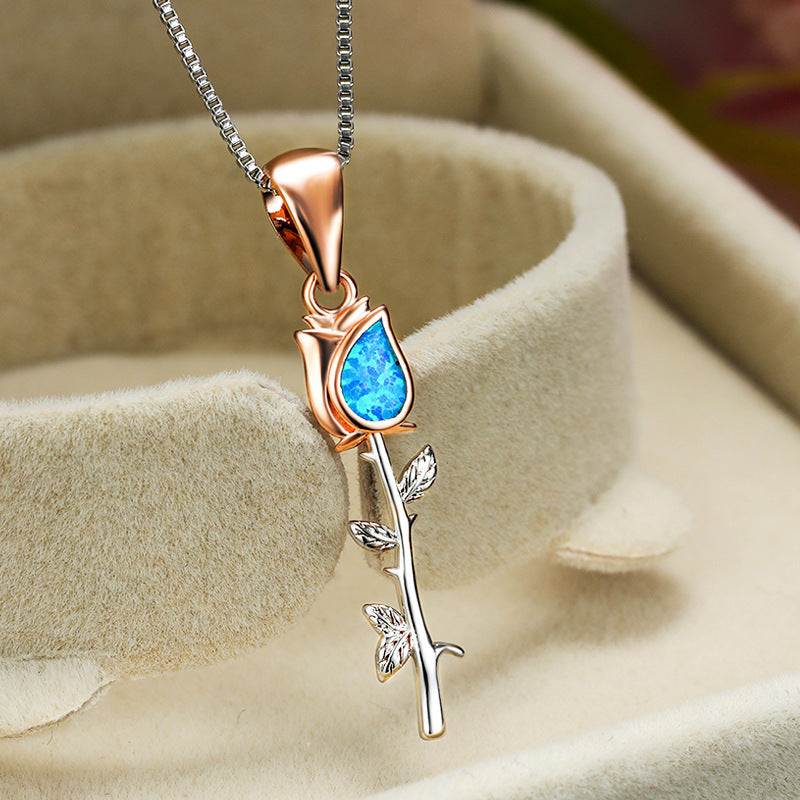 Two-tone White Gold and Rose Gold Blue and White Australian Rose Flower Women's Versatile Necklace