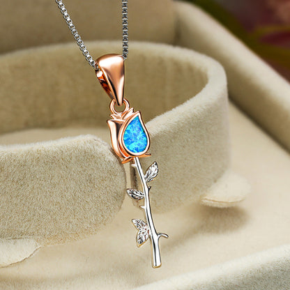 Two-tone White Gold and Rose Gold Blue and White Australian Rose Flower Women's Versatile Necklace