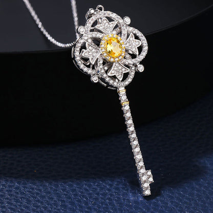 Women's White Gold Yellow Sapphire Four-leaf Clover Key Shape Pendant