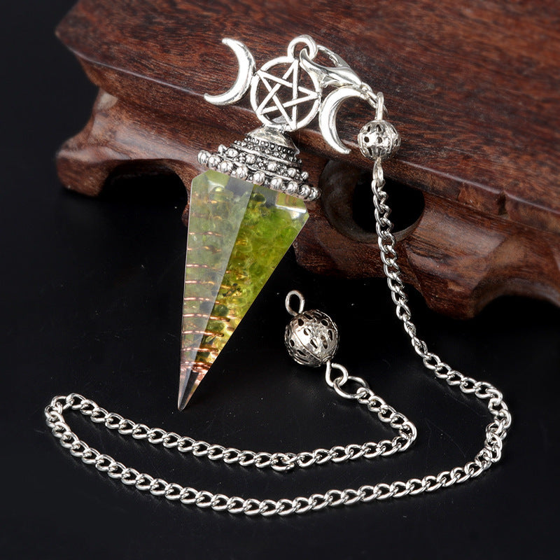 Three-phase moon seven-colored crushed stone resin crystal hexagonal pyramid spirit pendulum