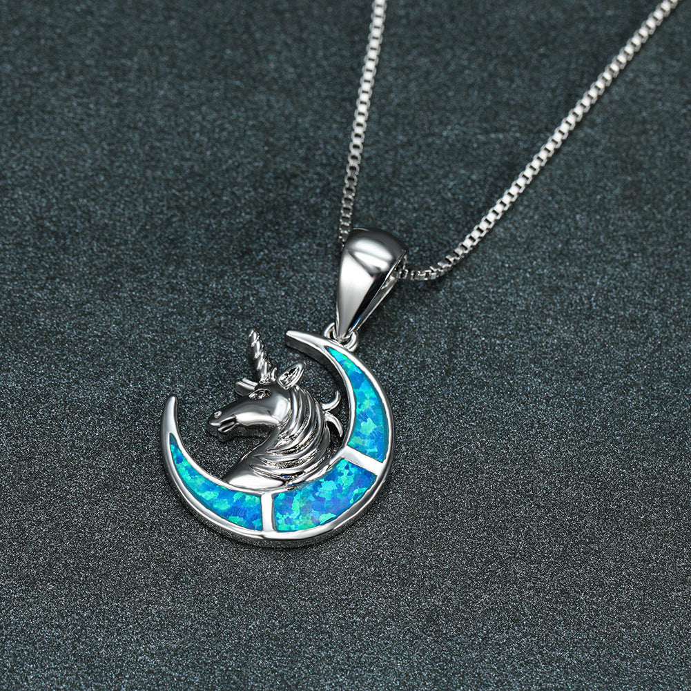 Ins Opal Unicorn Crescent Moon Necklace