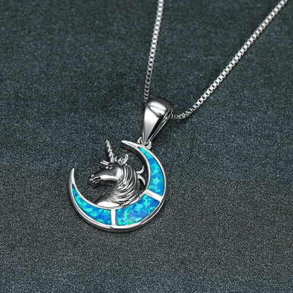 Ins Opal Unicorn Crescent Moon Necklace