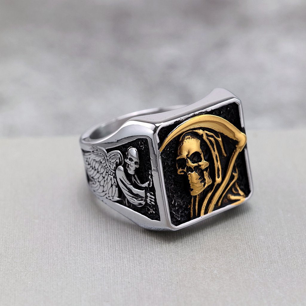 Vintage Stainless Steel Punk Solid Halloween Grim Reaper Skull Ring for Men