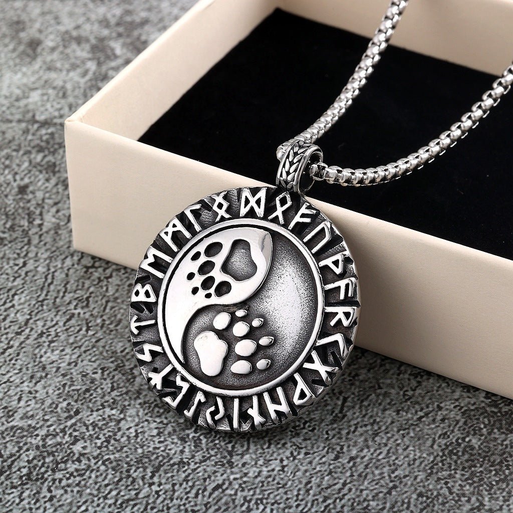 Vintage Stainless Steel Double Sided Viking Rune Bear Paw Print Pendant Necklace for Men