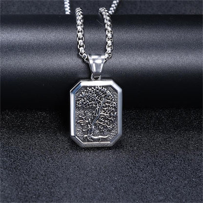 Men's Steel Two Tone Tree of Life Square Tag Pendant Necklace