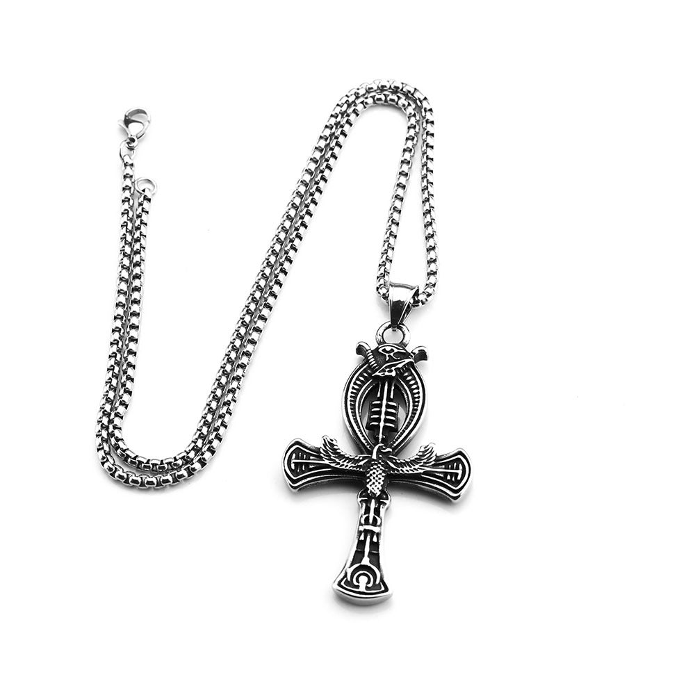 Vintage Stainless Steel Double-sided Egyptian Ankh Cross Pendant Necklace for Men
