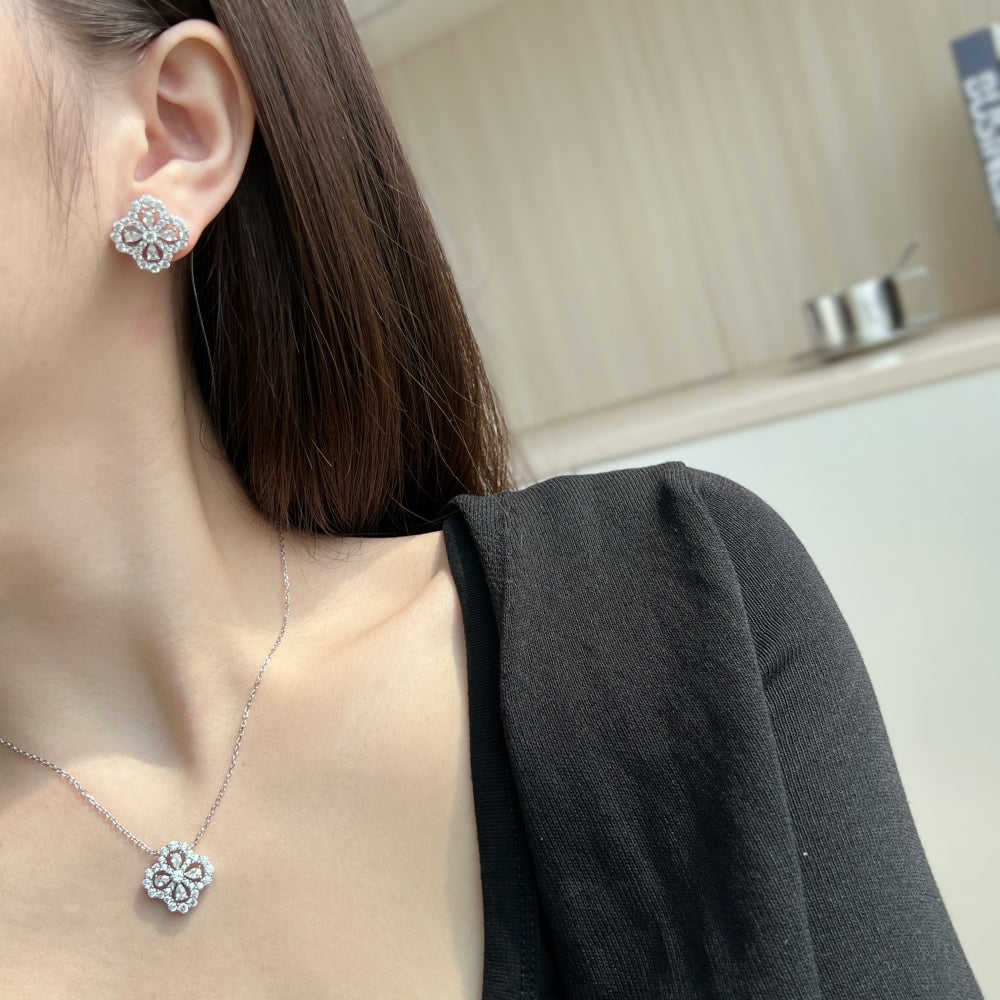 Women's Clover Pendant Necklace, Paved Zirconia Inlay, S925 with White Gold Plating