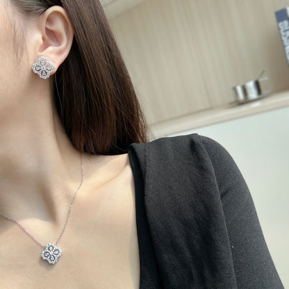 Women's Clover Pendant Necklace, Paved Zirconia Inlay, S925 with White Gold Plating