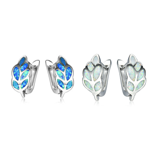 Women's Leaf‑Shaped Opal Huggie Clip‑on Earrings, with White Gold Plating